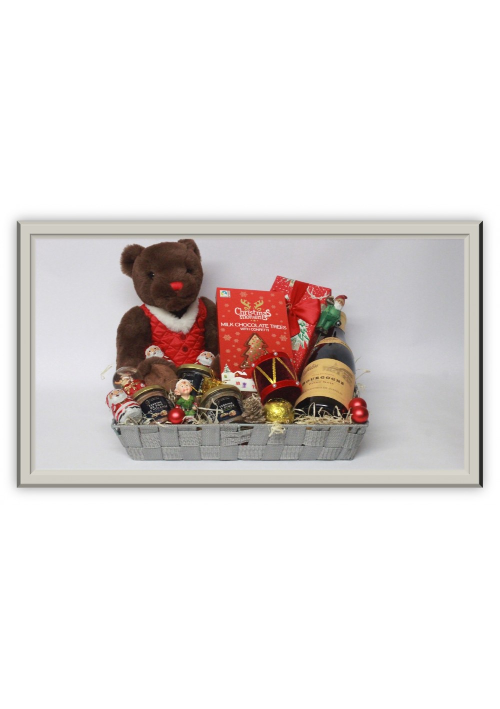 Panier cadeau noël ours brun vin rouge bourgogne